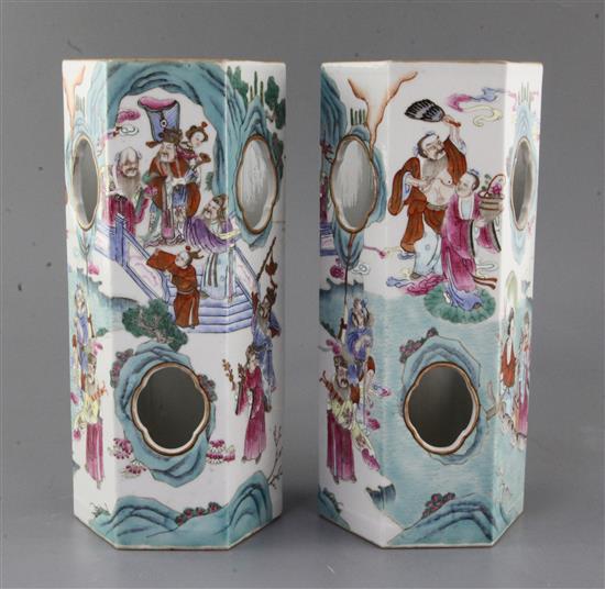 A pair of Chinese famille rose hexagonal hat stands, Xianfeng six character seal marks and of the period (1851-61), height 28.7cm, one